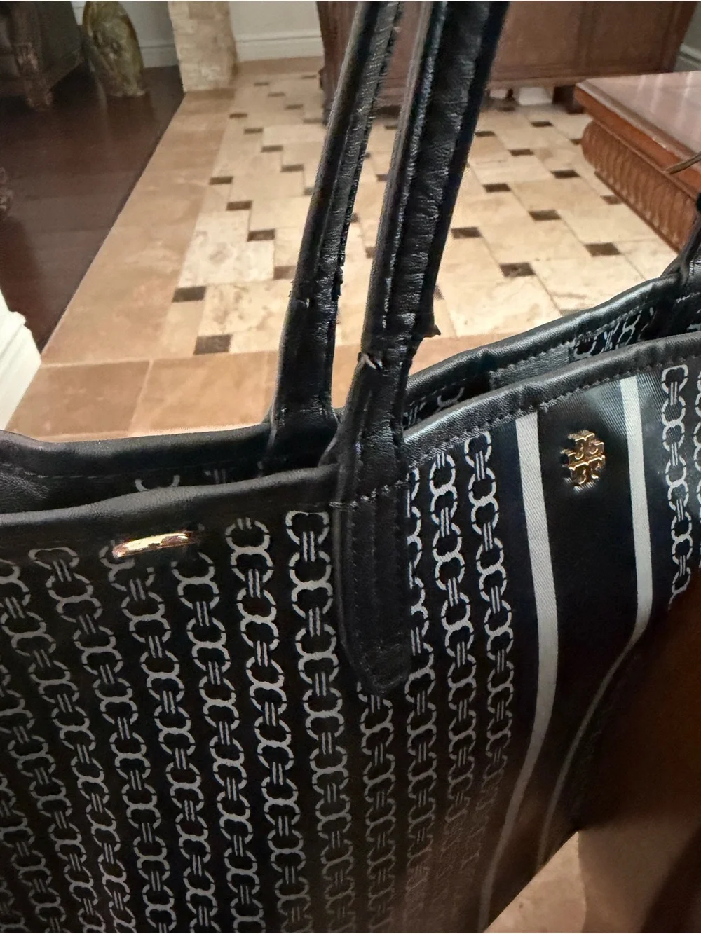 Tory Burch Black and White Logo Stripe Tote